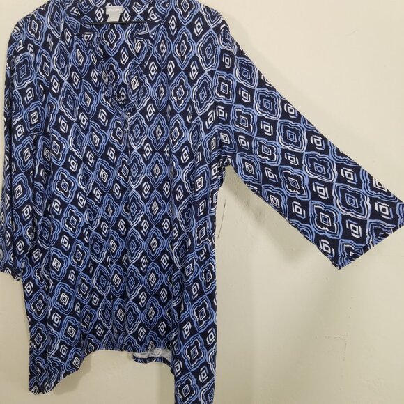 NWT Chico's Cotton Blend Diamond 3 Quarter Sleeve Tunic Classic Navi Top Size 4 - Picture 2 of 7